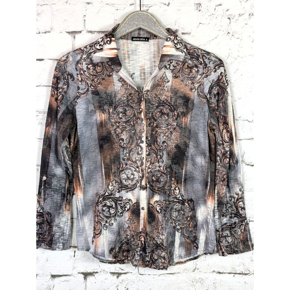 DAVID CLINE Signature Crushed Knit Sequined Snap-Front Shirt USA-Made Small